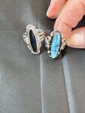 1990s OOAK Vintage Indian Turquoise Onyx Navajo Silver .925 Set of 2 Size 6